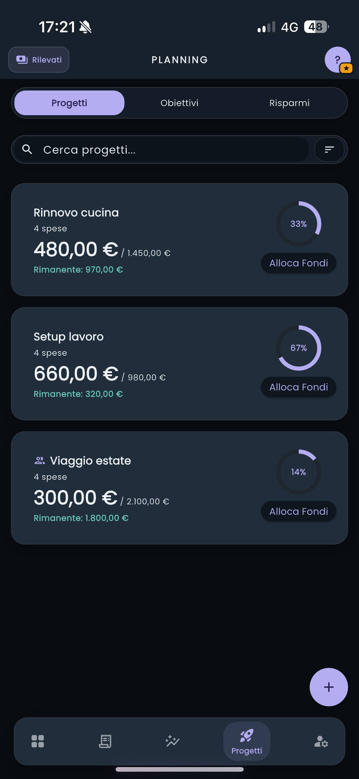 Sezione Pianificazione di CashControl con progetti e percentuali di completamento