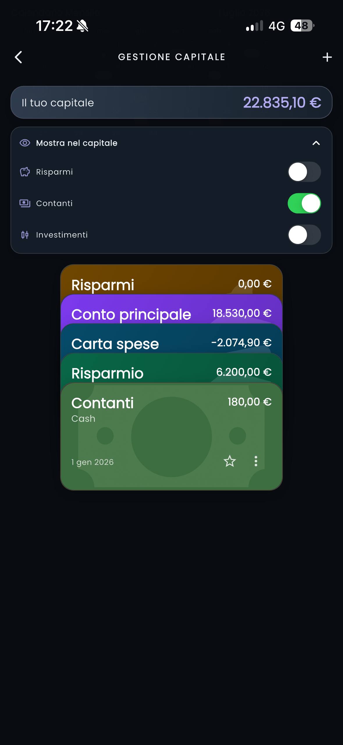 Gestione del capitale in CashControl con conti e carte personalizzati