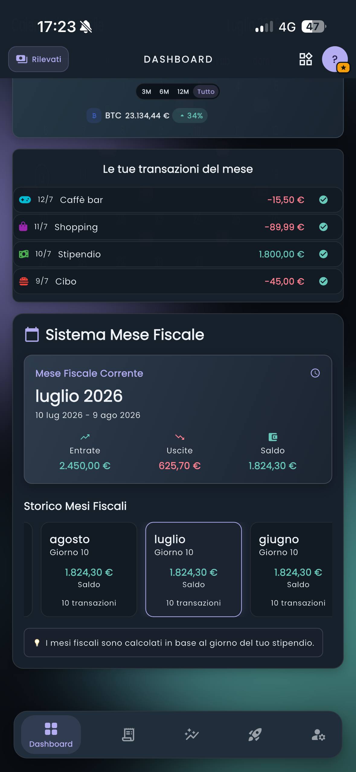 Dashboard CashControl con andamento di un investimento e mese fiscale