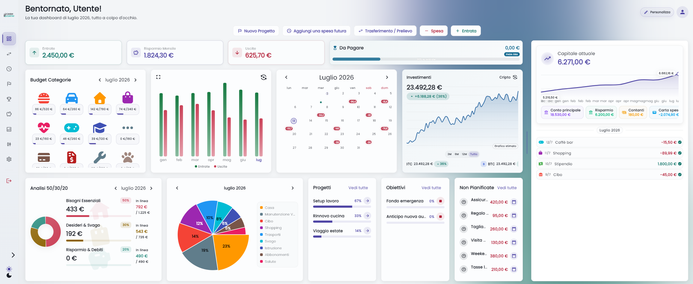 Dashboard CashControl in modalità chiara nella Web App