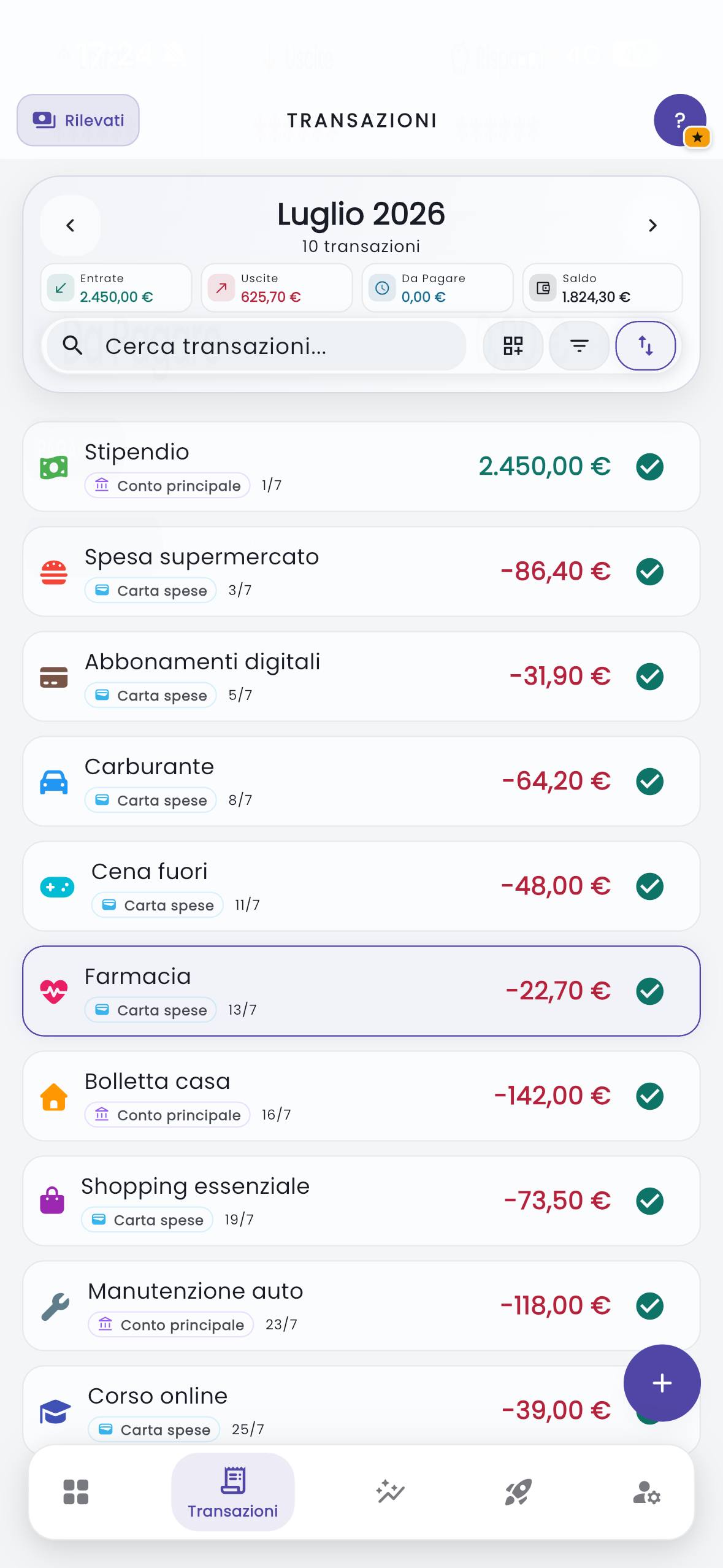 Elenco delle transazioni in CashControl su smartphone