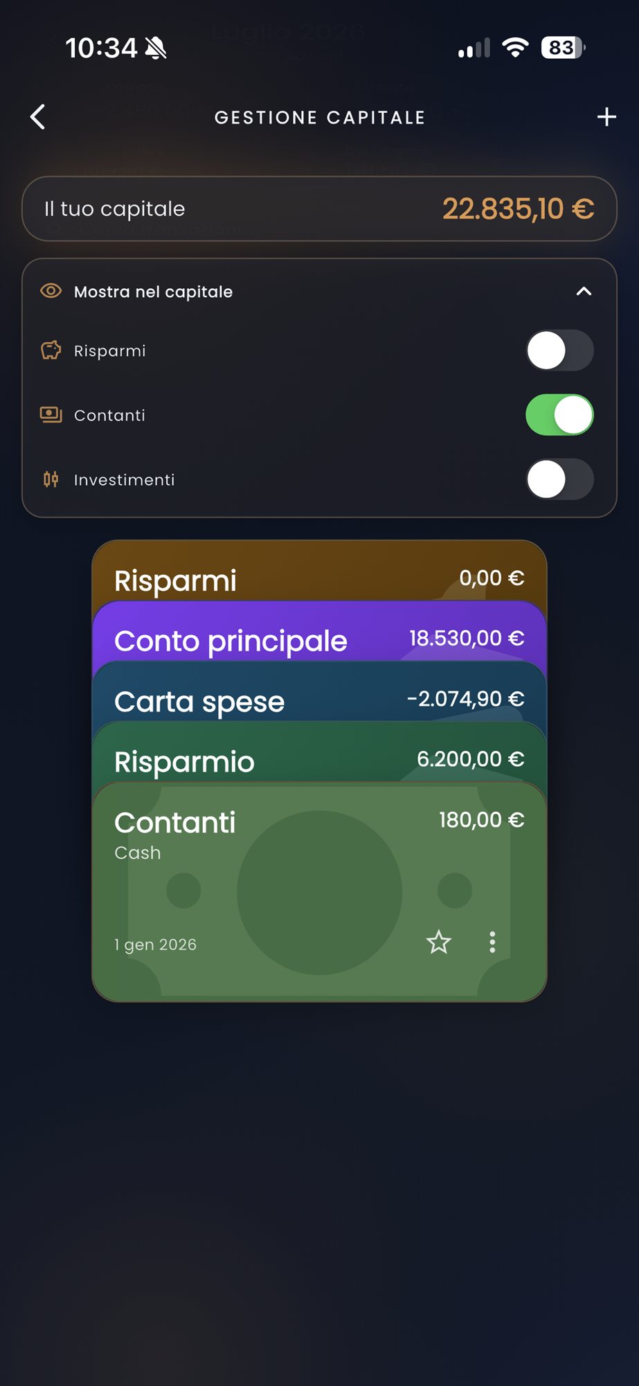 Gestione del capitale in CashControl con conti e carte personalizzati
