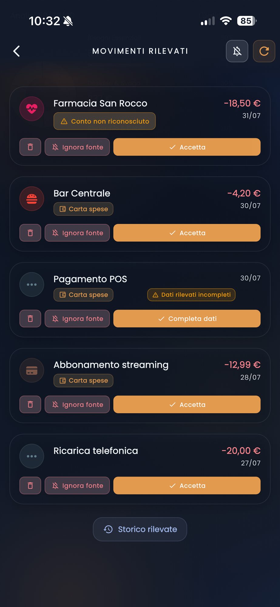 Movimenti rilevati in CashControl da accettare, completare o ignorare