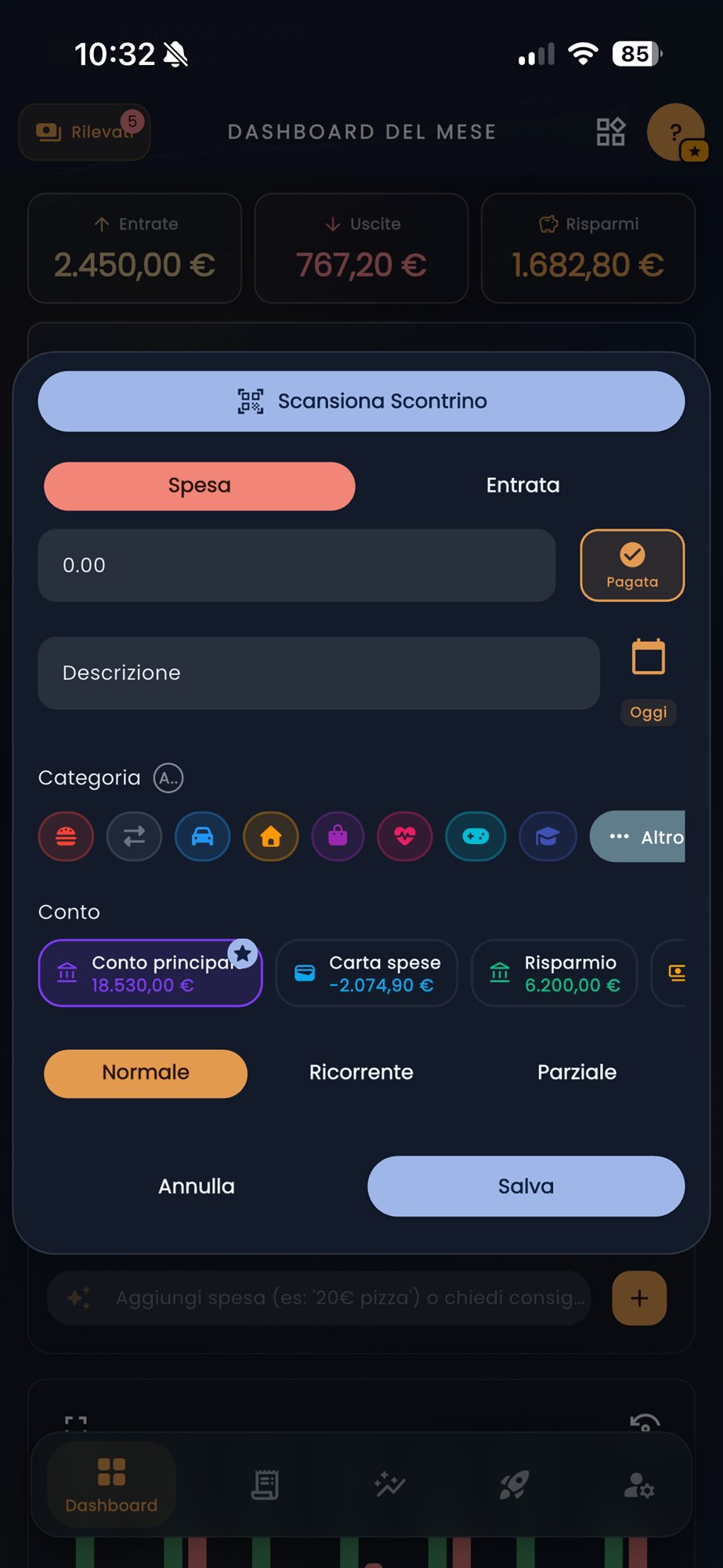 Editor di una transazione in CashControl con scansione scontrino, conti e categorie