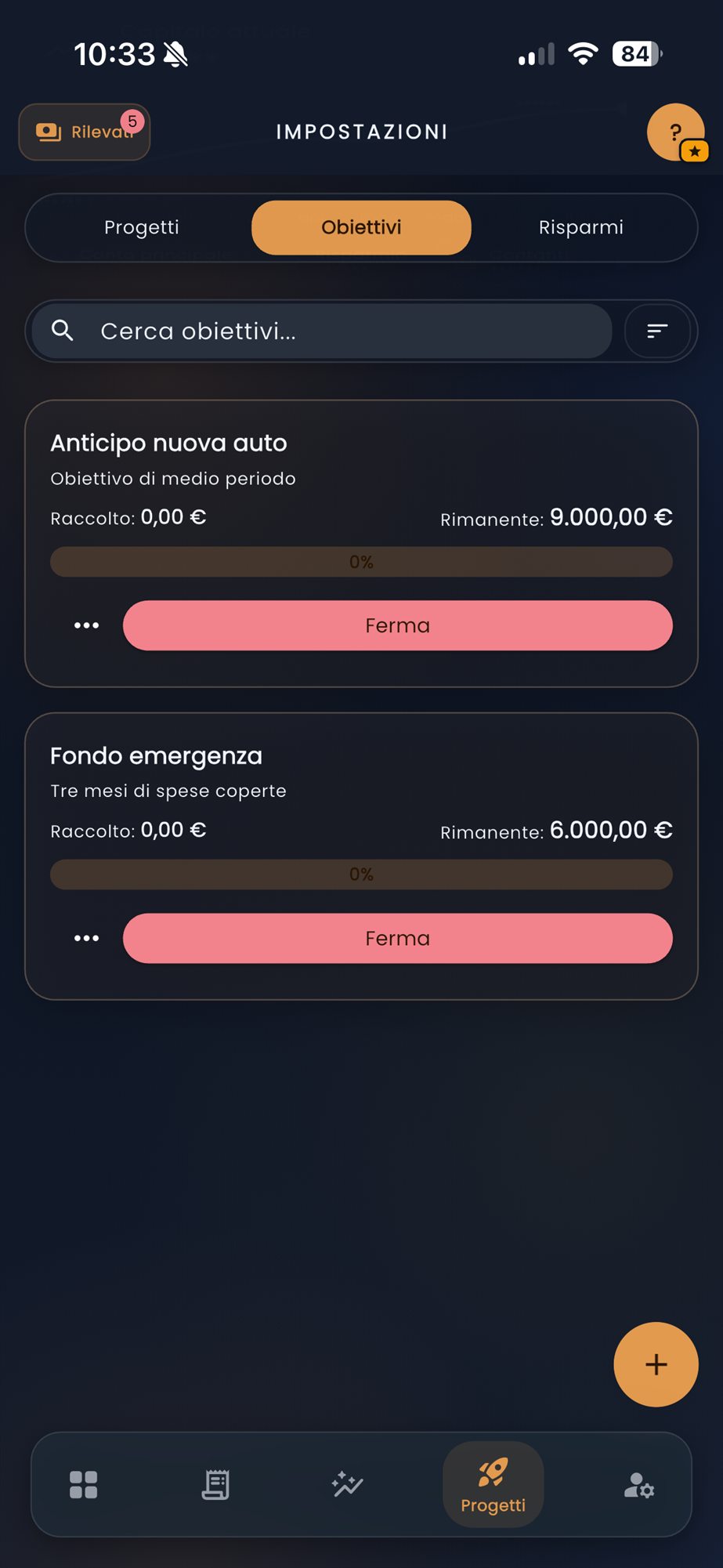 Sezione Pianificazione di CashControl con la scheda Obiettivi e i progressi raccolti