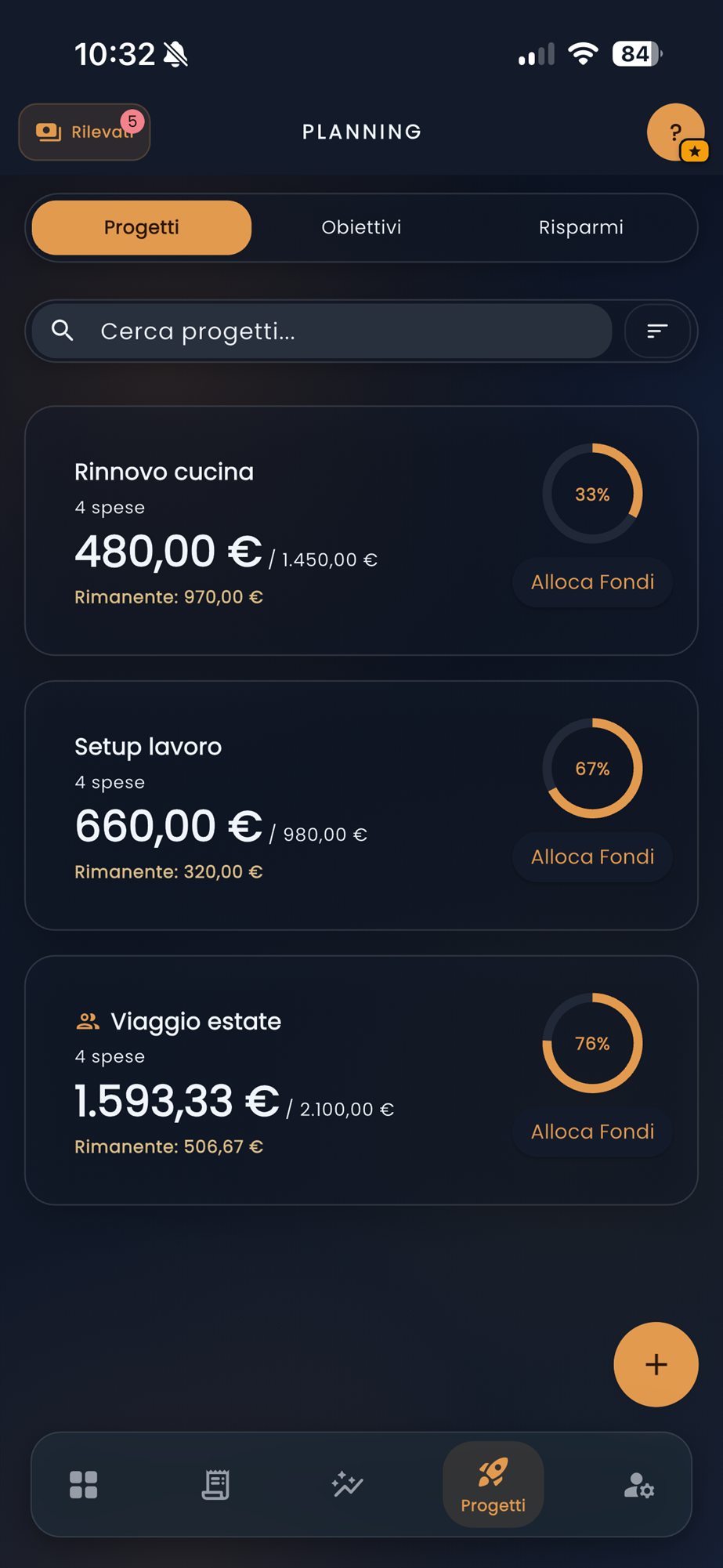 Elenco dei progetti in CashControl con fondi allocati e percentuale di completamento