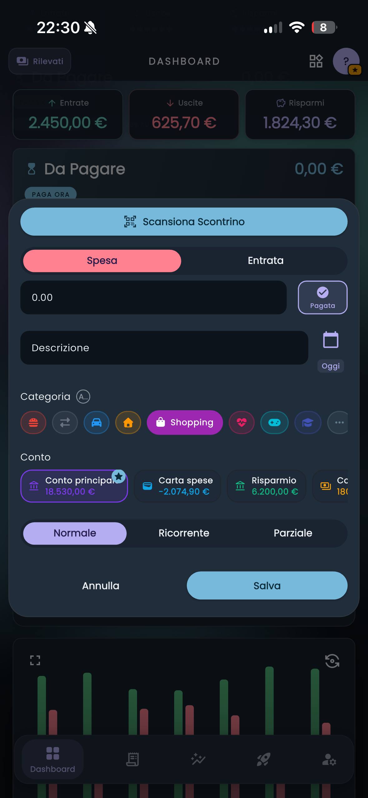 Editor di una transazione in CashControl con scansione scontrino, conti e categorie