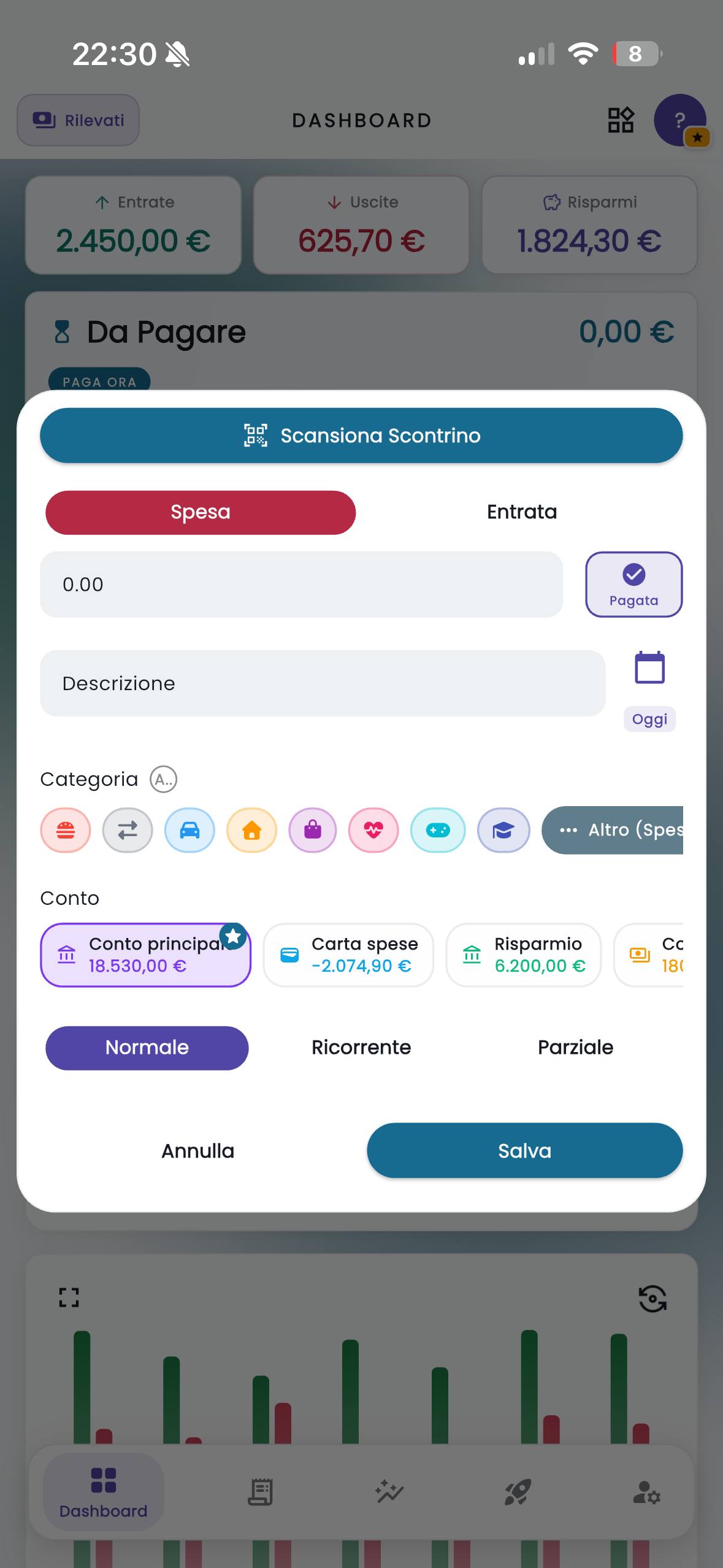 Editor di una transazione CashControl su smartphone con scansione scontrino