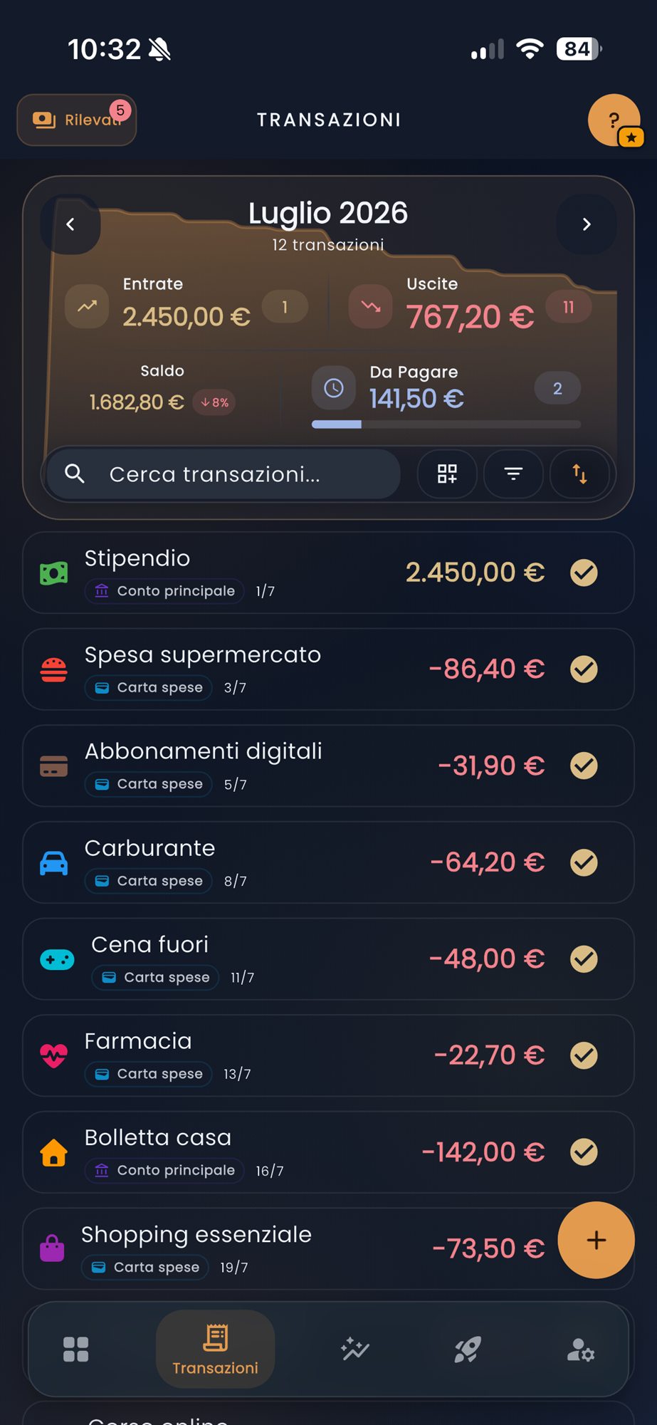 Elenco delle transazioni in CashControl con entrate e spese categorizzate